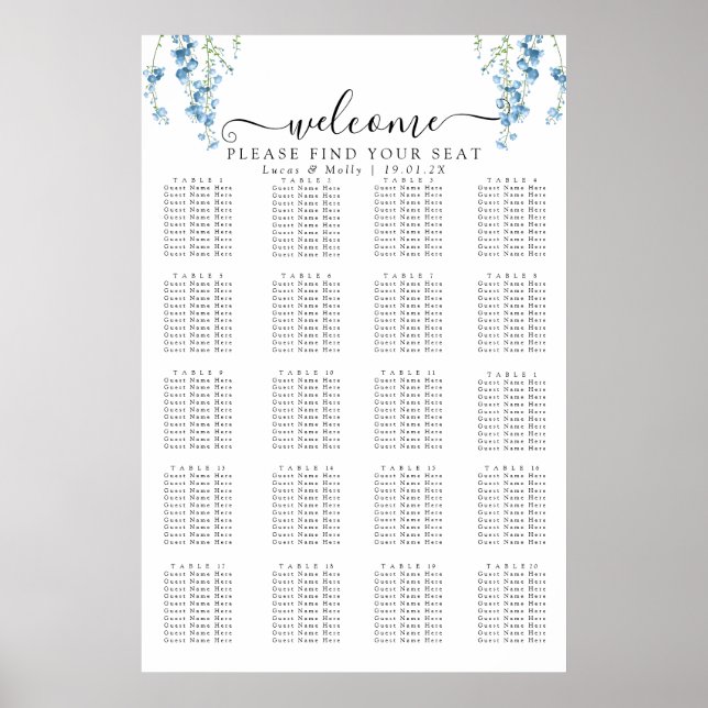 Affiche Plan de table de mariage floral français bleu mode (Devant)