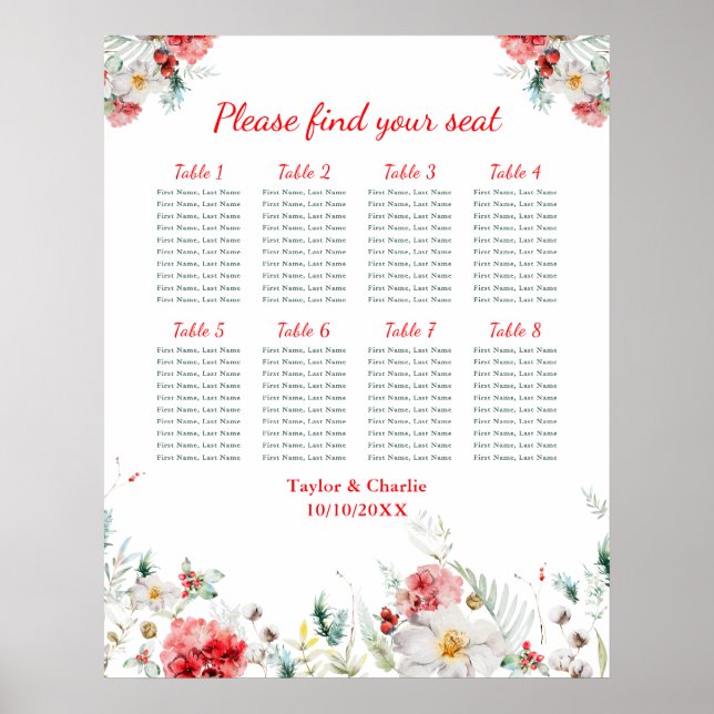 Affiche Plan de table de mariage floral hivernal 8 tables (Devant)