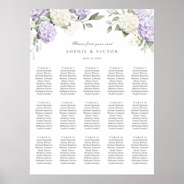 Affiche Plan de table de mariage Floral Hydrangea 15 (Devant)