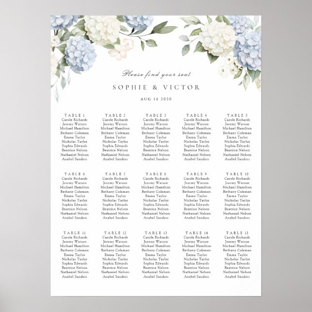 Affiche Plan de table de mariage Floral Hydrangea 15 (Devant)