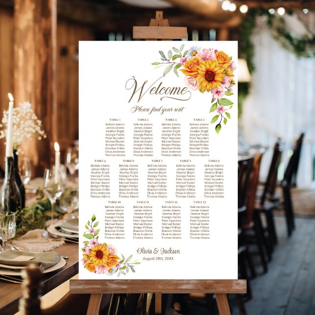 Affiche Plan de table de mariage floral jaune rose 13 (Créateur téléchargé)