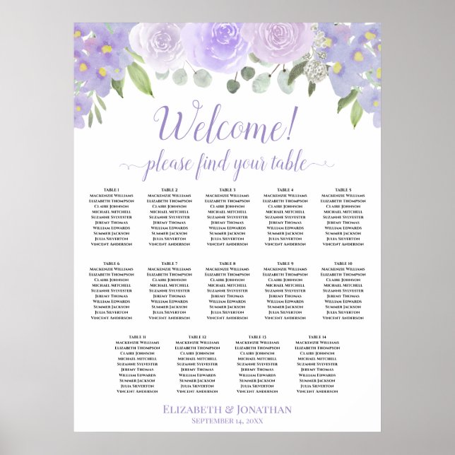 Affiche Plan de table de mariage floral lavande 14 tables (Devant)