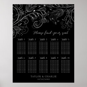 Affiche Plan de table de mariage floral noir argenté 10