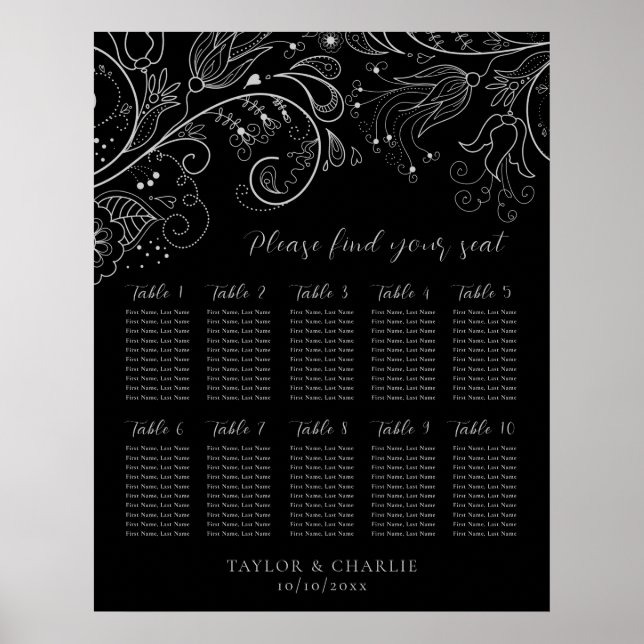 Affiche Plan de table de mariage floral noir argenté 10 (Devant)
