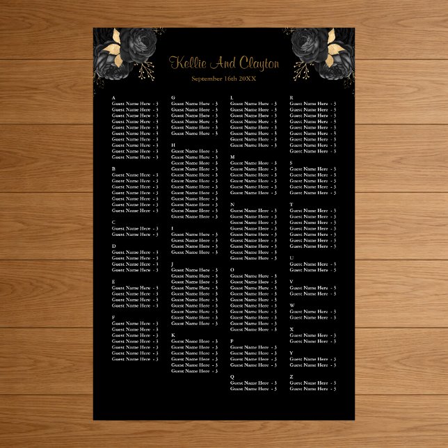 Affiche Plan de table de mariage floral noir et or 160 (Créateur téléchargé)