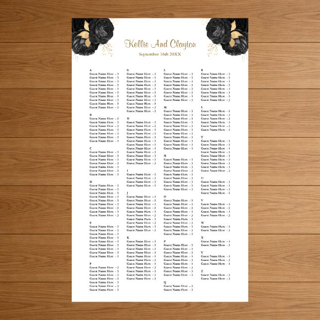 Affiche Plan de table de mariage floral noir et or 200 (Créateur téléchargé)