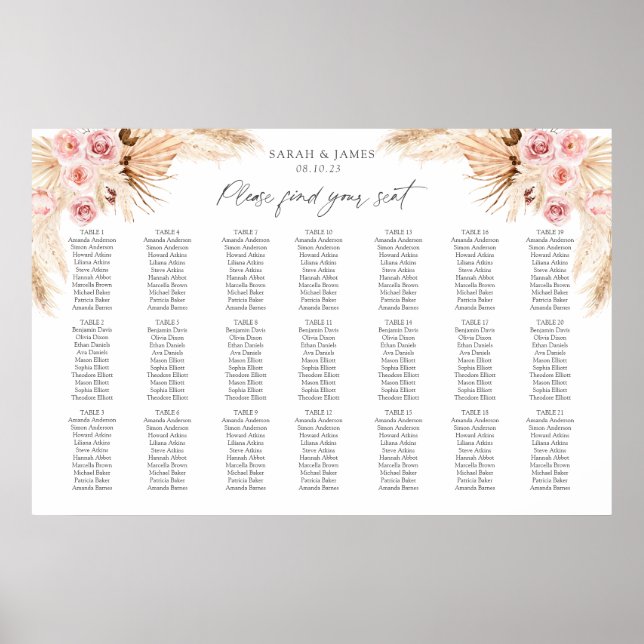 Affiche Plan de table de mariage floral par numéro de tabl (Devant)