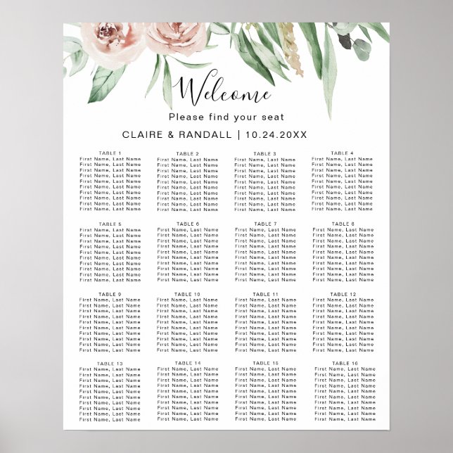 Affiche Plan de table de mariage floral rose poudré vert (Devant)