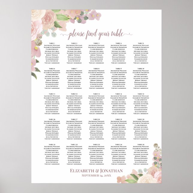Affiche Plan de table de mariage floral rose rustique 25 t (Devant)