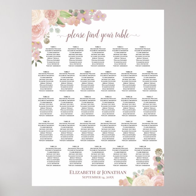 Affiche Plan de table de mariage floral rose rustique 28 t (Devant)