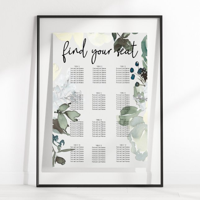 Affiche Plan de table de mariage floral Roses blanches ivo (Créateur téléchargé)