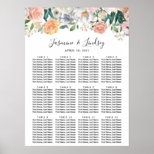 Affiche Plan de table de mariage floral Roses Pivoines