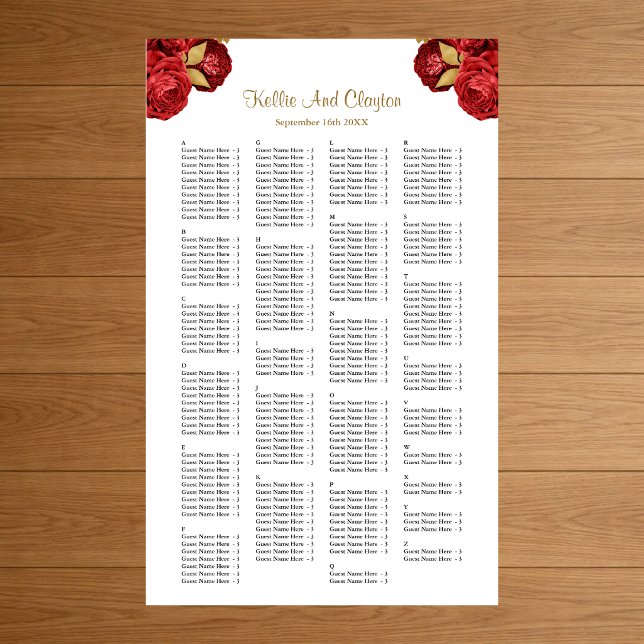 Affiche Plan de table de mariage floral rouge et or 200 (Créateur téléchargé)