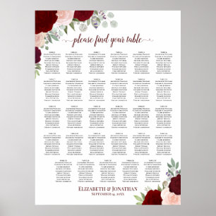 Affiche Plan de table de mariage floral rouge et rose pour