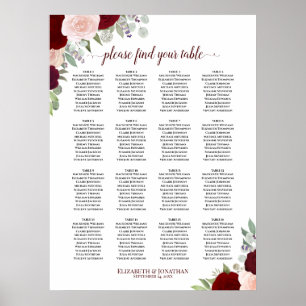 Affiche Plan de table de mariage floral rouge et rose pour