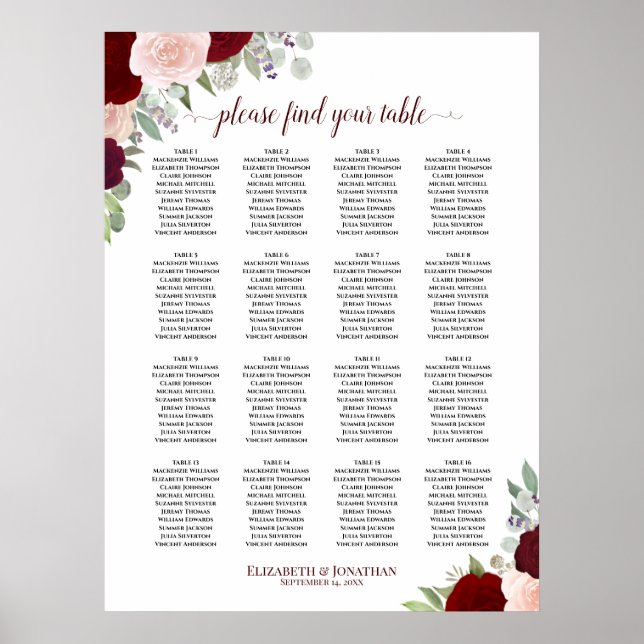 Affiche Plan de table de mariage floral rouge et rose pour (Devant)