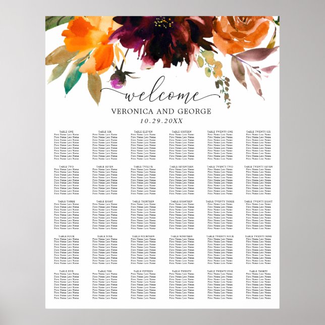 Affiche Plan de table de mariage floral rustique d'automne (Devant)