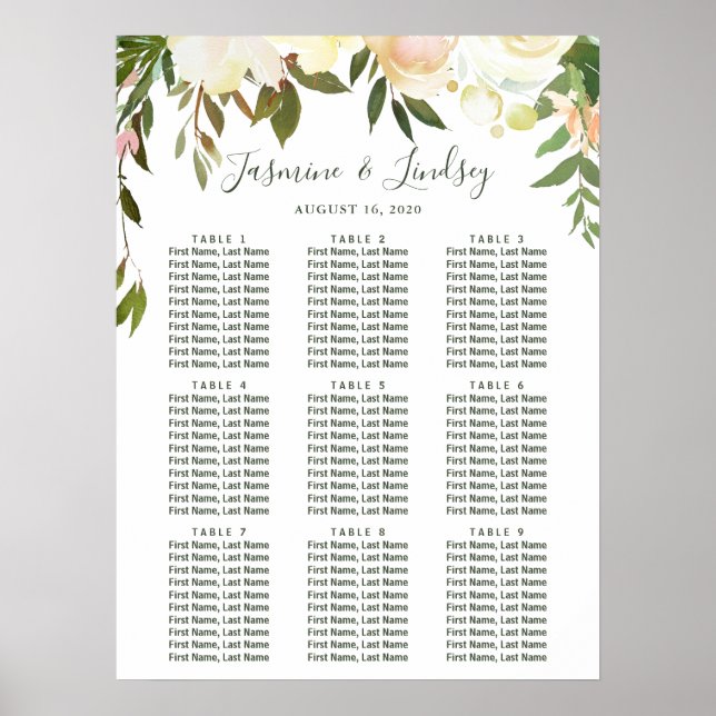 Affiche Plan de table de mariage Floral Végétal 9 Tables (Devant)