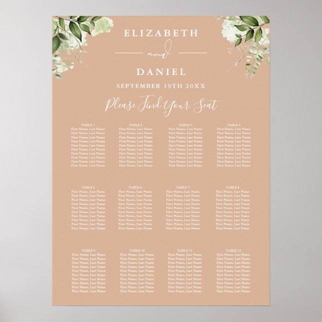 Affiche Plan de table de mariage floral verdoyant beige (Devant)