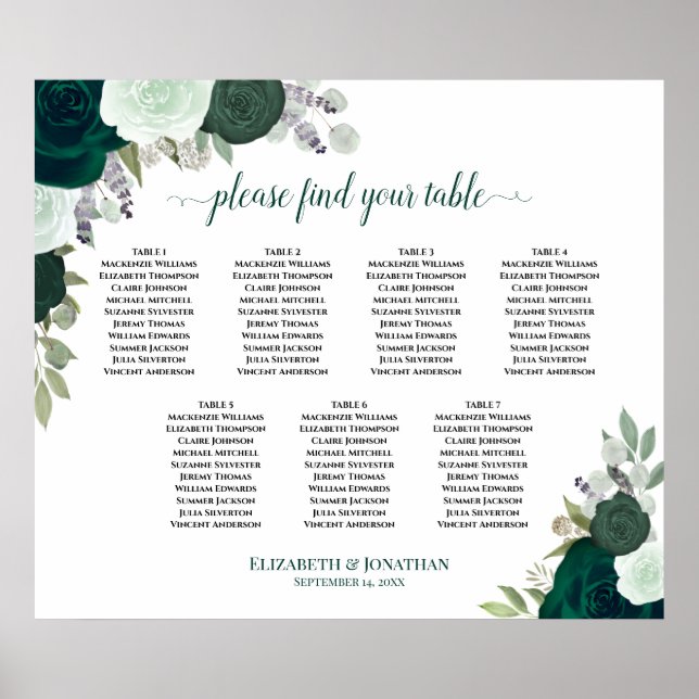 Affiche Plan de table de mariage floral vert émeraude 7 ta (Devant)