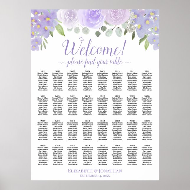 Affiche Plan de table de mariage floral violet clair 32 ta (Devant)