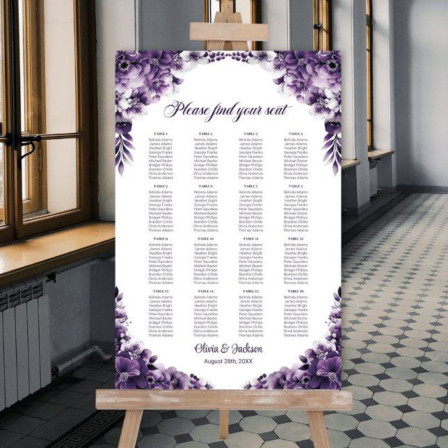 Affiche Plan de table de mariage floral violet pour 16 tab (Créateur téléchargé)