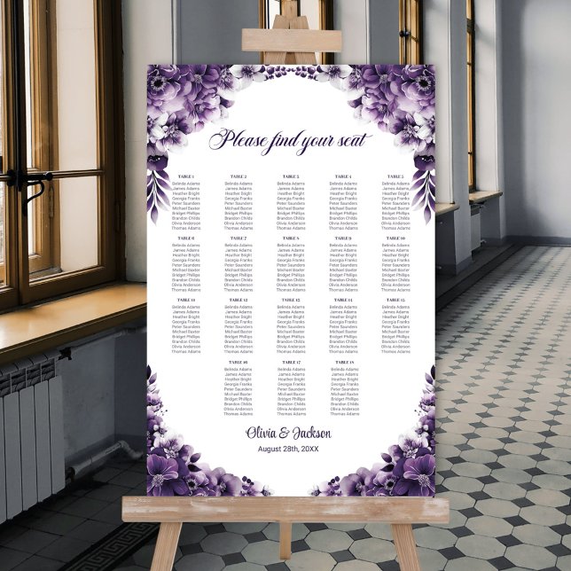 Affiche Plan de table de mariage floral violet pour 18 tab (Créateur téléchargé)
