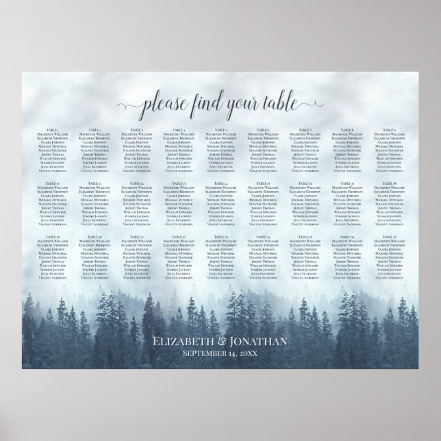 Affiche Plan de table de mariage Foggy Blue Pines 27 table (Devant)