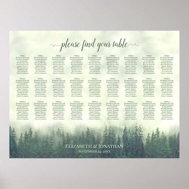 Affiche Plan de table de mariage Foggy Green Pines 27 (Devant)