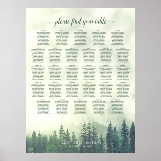 Affiche Plan de table de mariage Foggy Green Pines 28 (Devant)