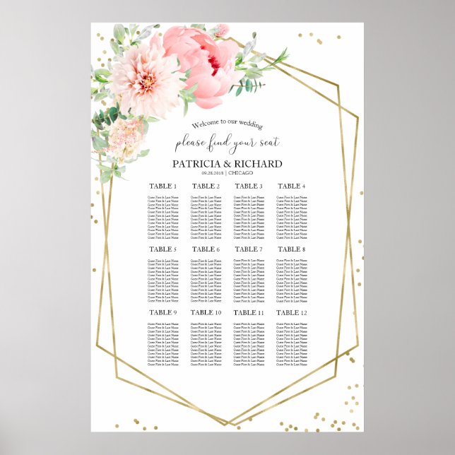 Affiche Plan de table de mariage géométrique floral rose t (Devant)