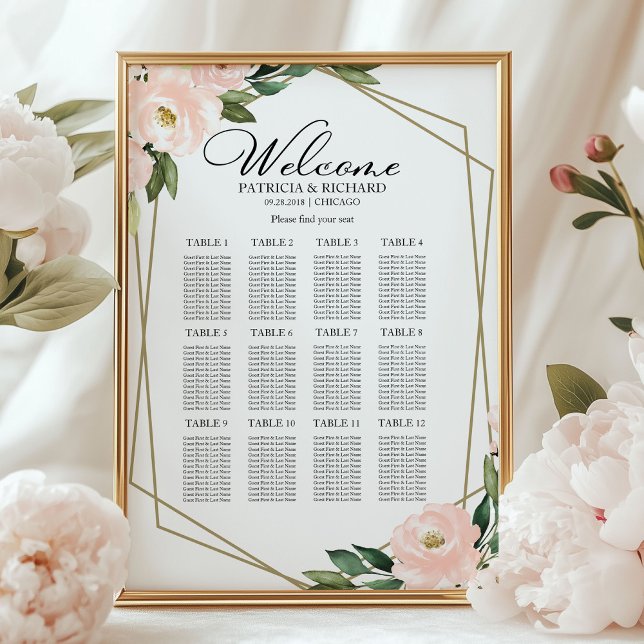 Affiche Plan de table de mariage géométrique rose pour 12  (Créateur téléchargé)