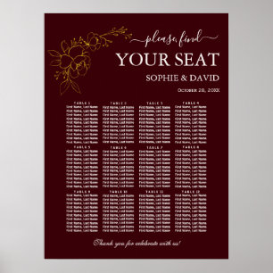 Affiche Plan de table de mariage Gold Deep Burgundy 12