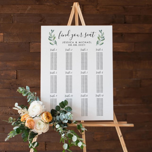 Affiche Plan de table de mariage grand format 12 pour 192  (12 Table Large Wedding 192 Guests Seating Chart Poster)