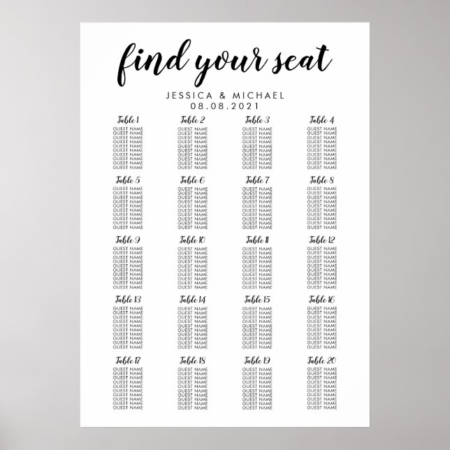 Affiche Plan de table de mariage grand format 20 tables (Devant)