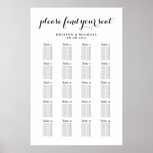 Affiche Plan de table de mariage grand format 20 tables (Devant)