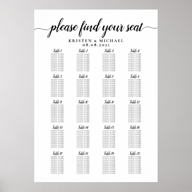Affiche Plan de table de mariage grand format 20 tables (Devant)