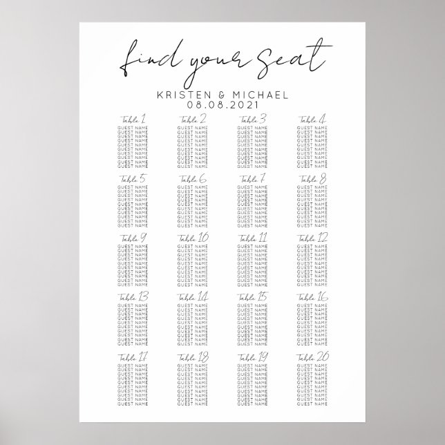 Affiche Plan de table de mariage grand format 20 tables (Devant)