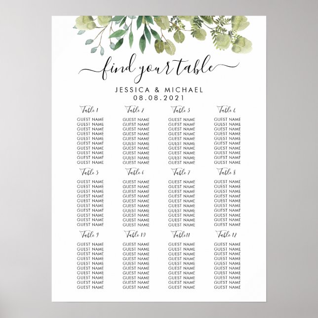 Affiche Plan de table de mariage grand modèle à 12 tables (Devant)