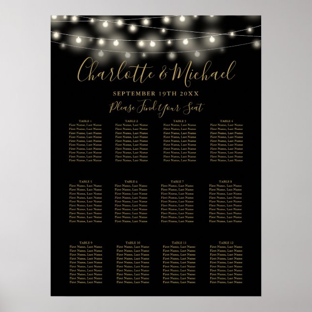 Affiche Plan de table de mariage Guirlande lumineuse noire (Devant)