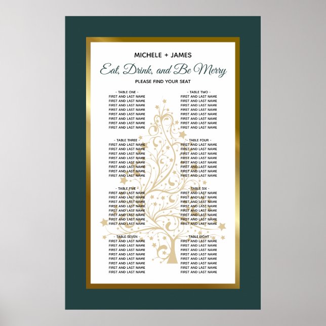 Affiche Plan de table de mariage hivernal en or émeraude (Devant)