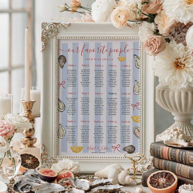 Affiche Plan de table de mariage Huître à rayure bleue côt (Coastal Blue Stripe Oyster Wedding Seating Chart)