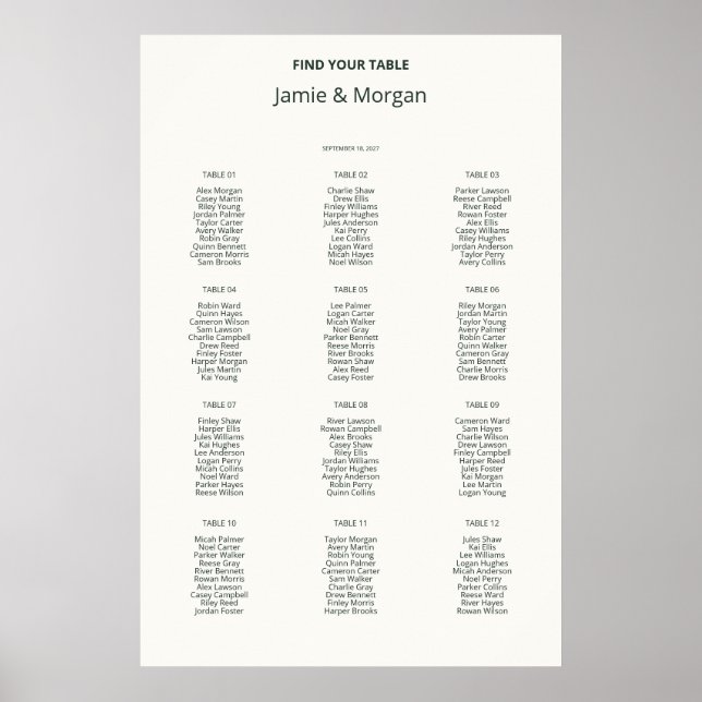 Affiche Plan de table de mariage imprimable ivoire 12 tabl (Devant)