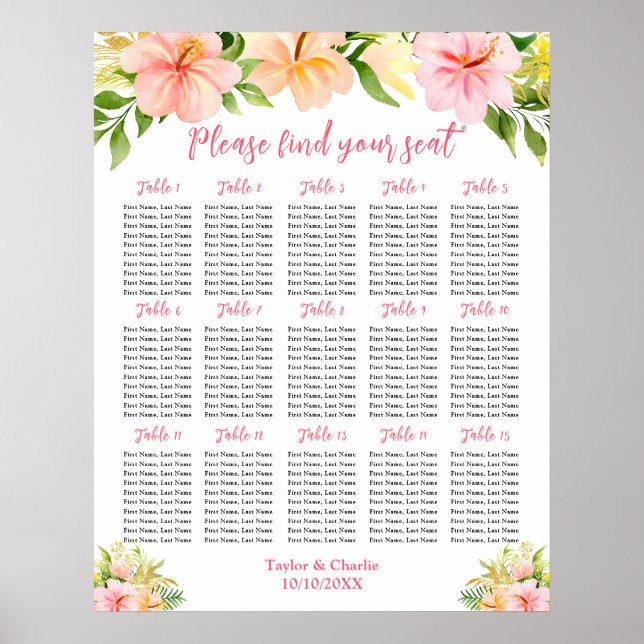 Affiche Plan de table de mariage Jungle Tropicale 15 table (Devant)