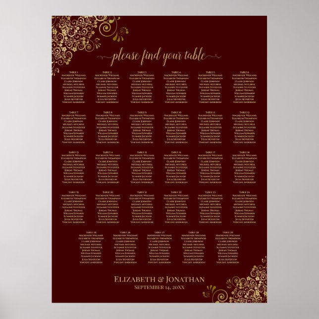 Affiche Plan de table de mariage Lacy Gold 29 Auburn (Devant)