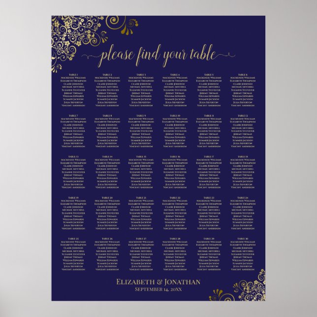 Affiche Plan de table de mariage Lacy Gold 30 Bleu marine (Devant)