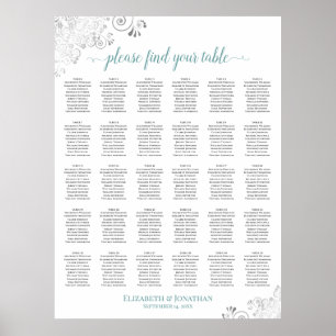 Affiche Plan de table de mariage Lacy Silver & Teal 30