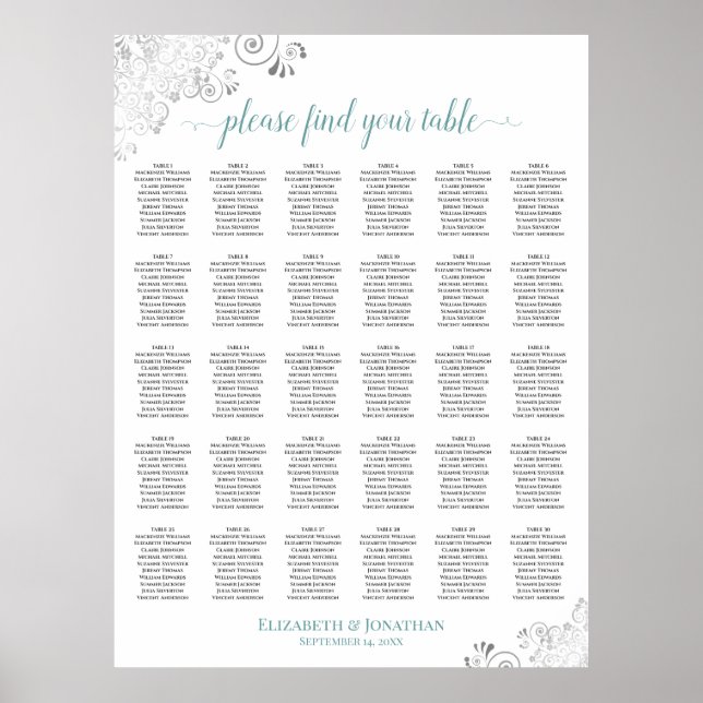 Affiche Plan de table de mariage Lacy Silver & Teal 30 (Devant)