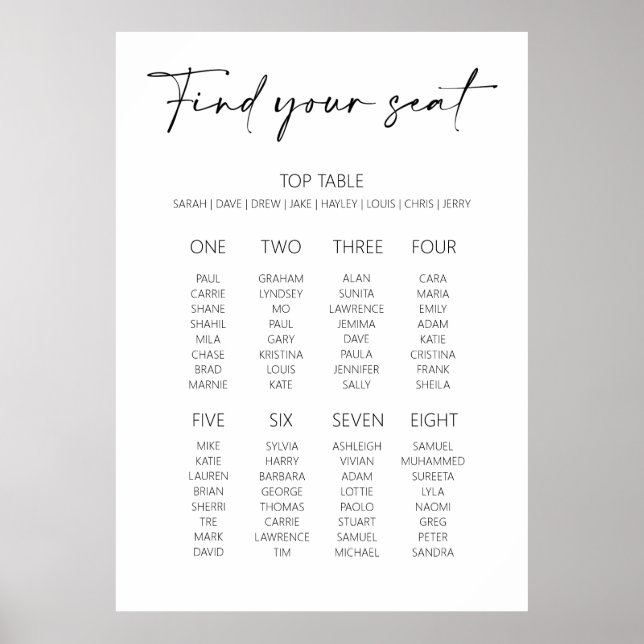 Affiche Plan de table de mariage minimal éditable (Devant)