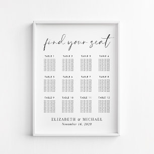 Affiche Plan de table de mariage minimaliste pour 12 table